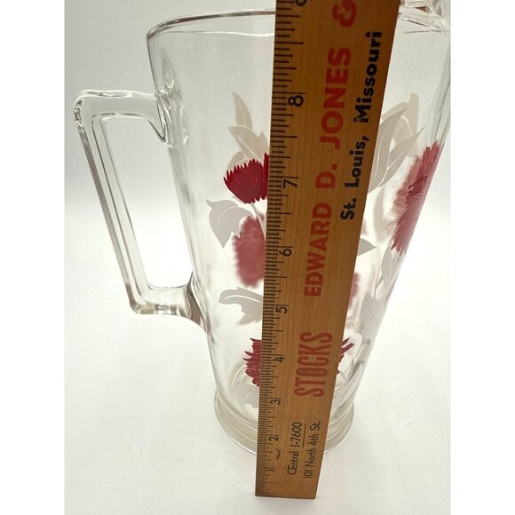 Vintage Heavy Glass Pitcher Clear Glass Pitcher Red Floral Print with Ice Lip - Picture 7 of 7